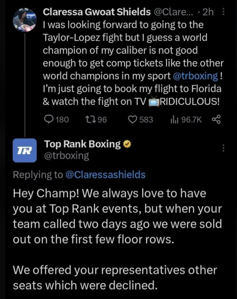 A tweet from Claressa Shields expresses frustration about not receiving comp tickets for a boxing fight. Top Rank Boxing responds, stating they were sold out of floor seats but had offered other seats to her representatives, which were declined.