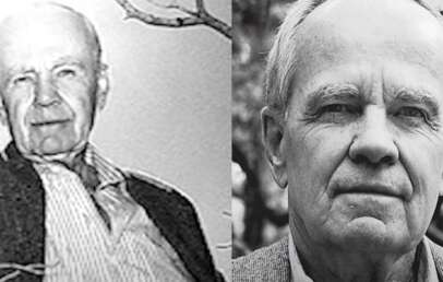 Two black and white images of Cormac McCarthy placed next to each other.