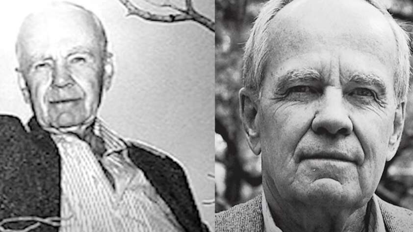 Two black and white images of Cormac McCarthy placed next to each other.