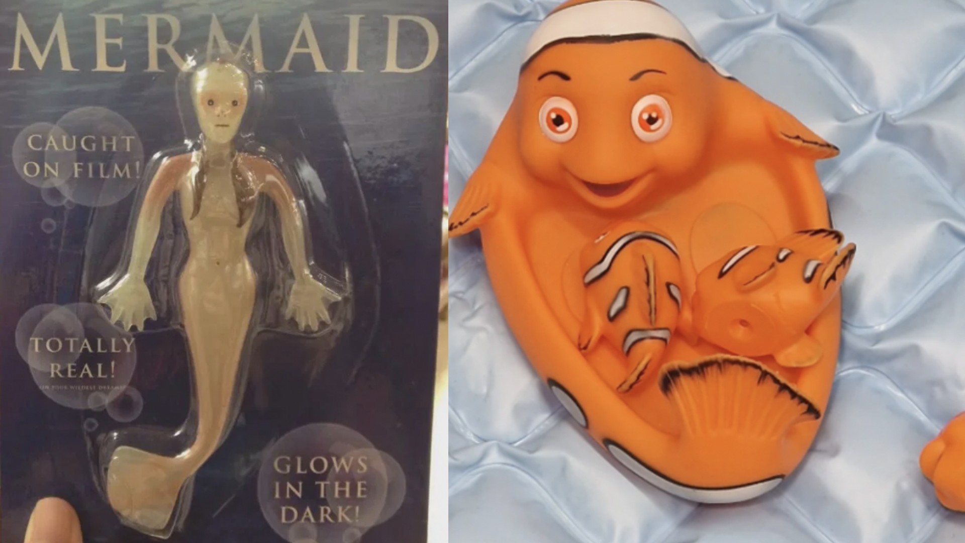 A creepy looking mermaid toy next to a creepier looking Finding Nemo floatie.
