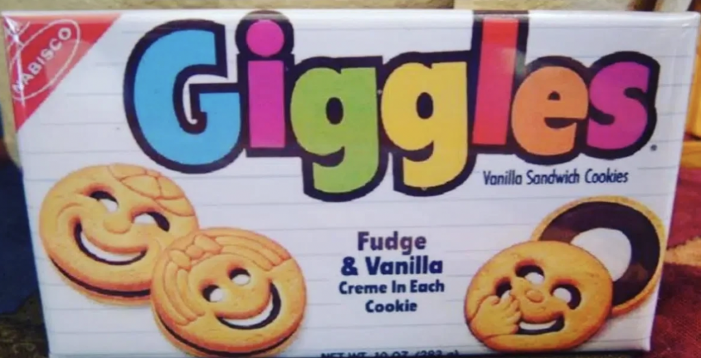 An image of a very weird looking Giggles cookies box. 