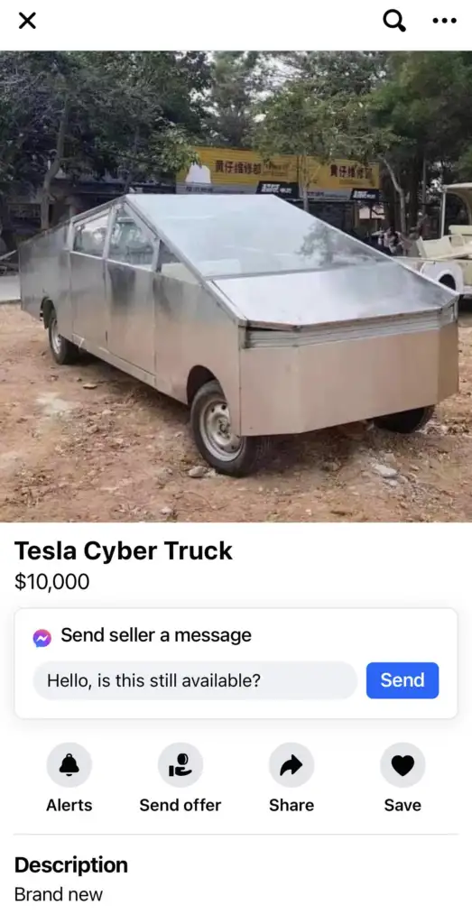 A listing on a marketplace app shows a homemade vehicle resembling a Tesla Cybertruck, constructed with angular, unpainted metal panels. The price is listed as $10,000, and the screen displays a message prompt asking if the item is still available.