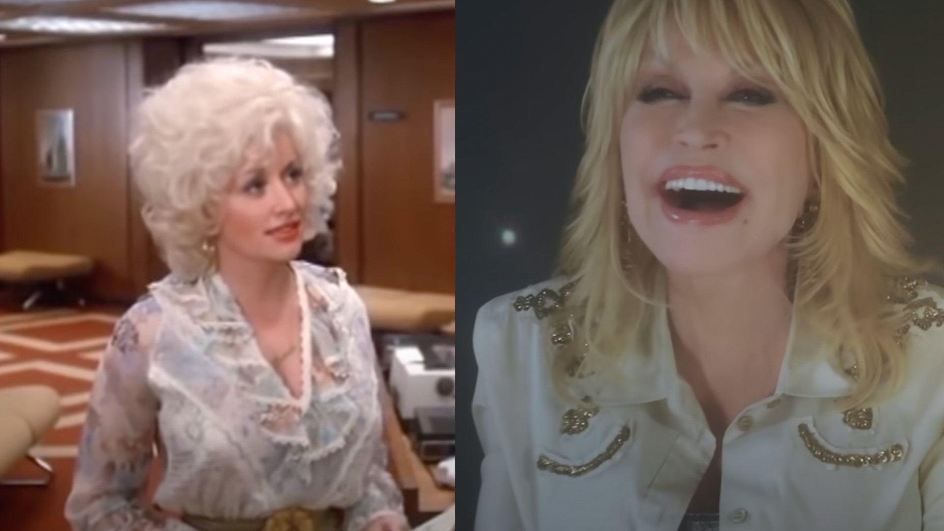 A young Dolly Parton next to an image of Dolly Parton singing.