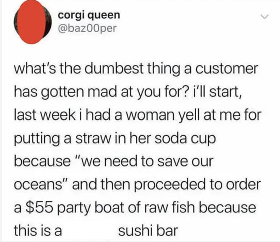 A Twitter user talks about woman complaining about the ocean being in bad shape. 