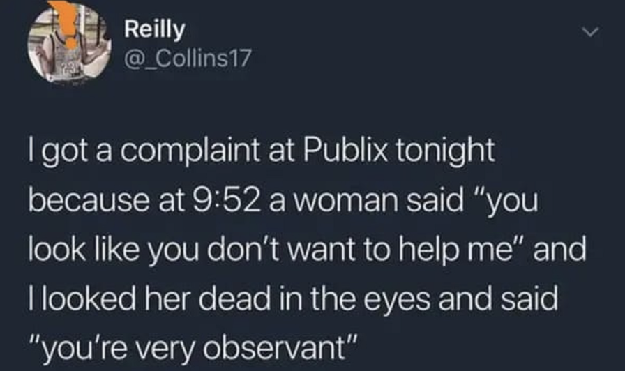 A Twitter user complains about testy customer at Publix. 