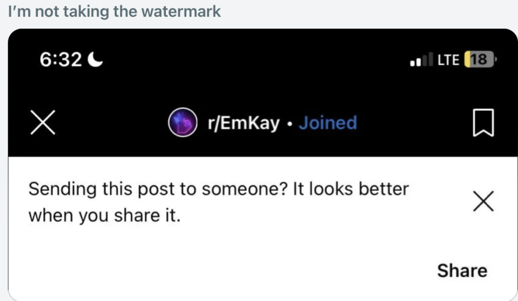 Screenshot of a Reddit post from the r/EmKay subreddit with the message: "Sending this post to someone? It looks better when you share it." The top bar shows the time as 6:32 and indicates an LTE connection. Options to share the post or join the subreddit are visible.