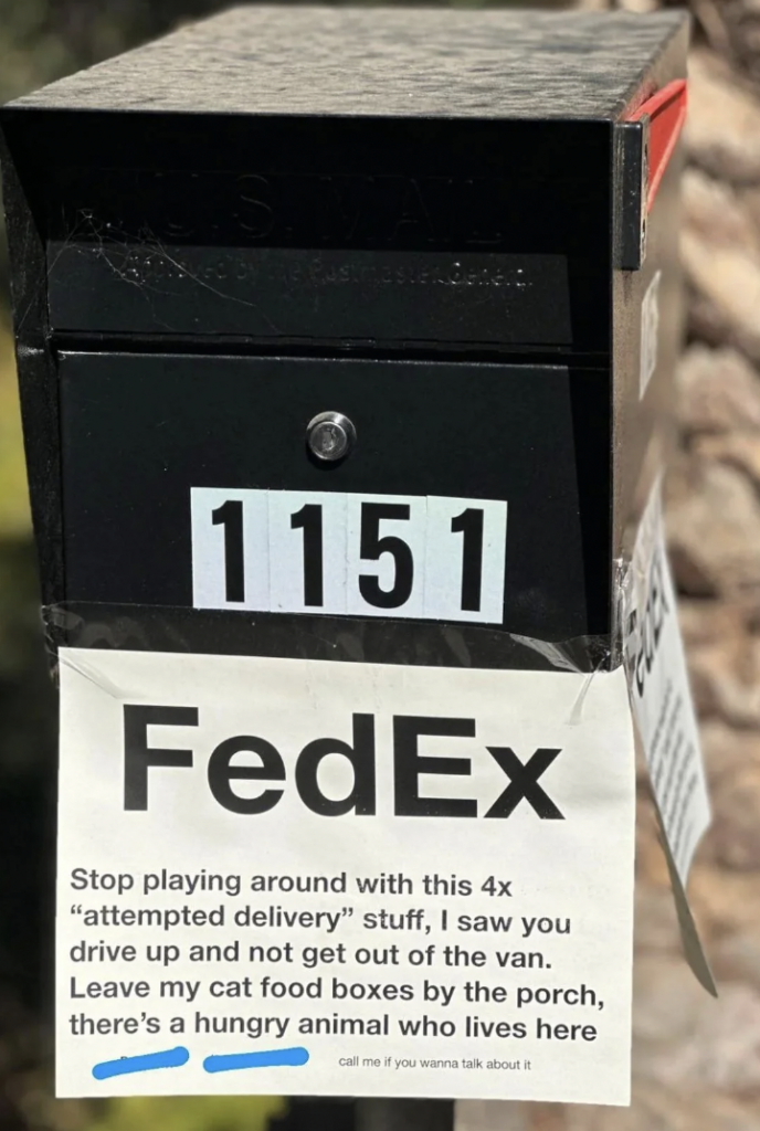 An image of a mailbox complaining about an attempted delivery. 