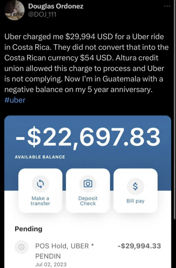 A Tweet about someone getting bad luck when using Uber in Costa Rica. 