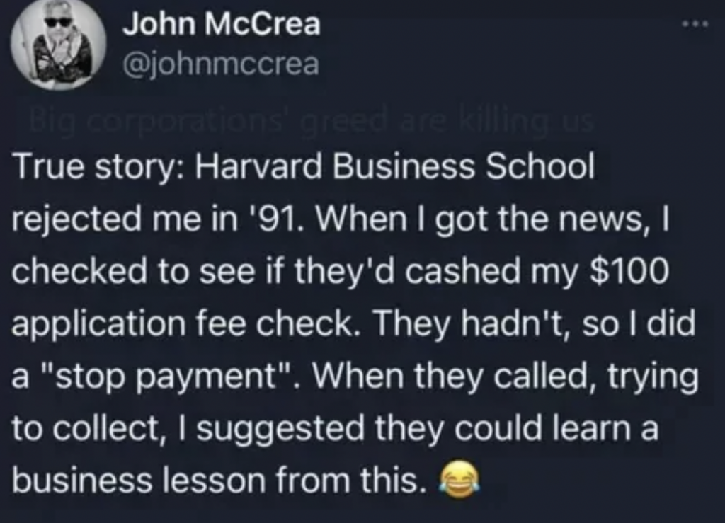 A Twitter screenshot about someone putting a stop payment on a Harvard Business charge. 