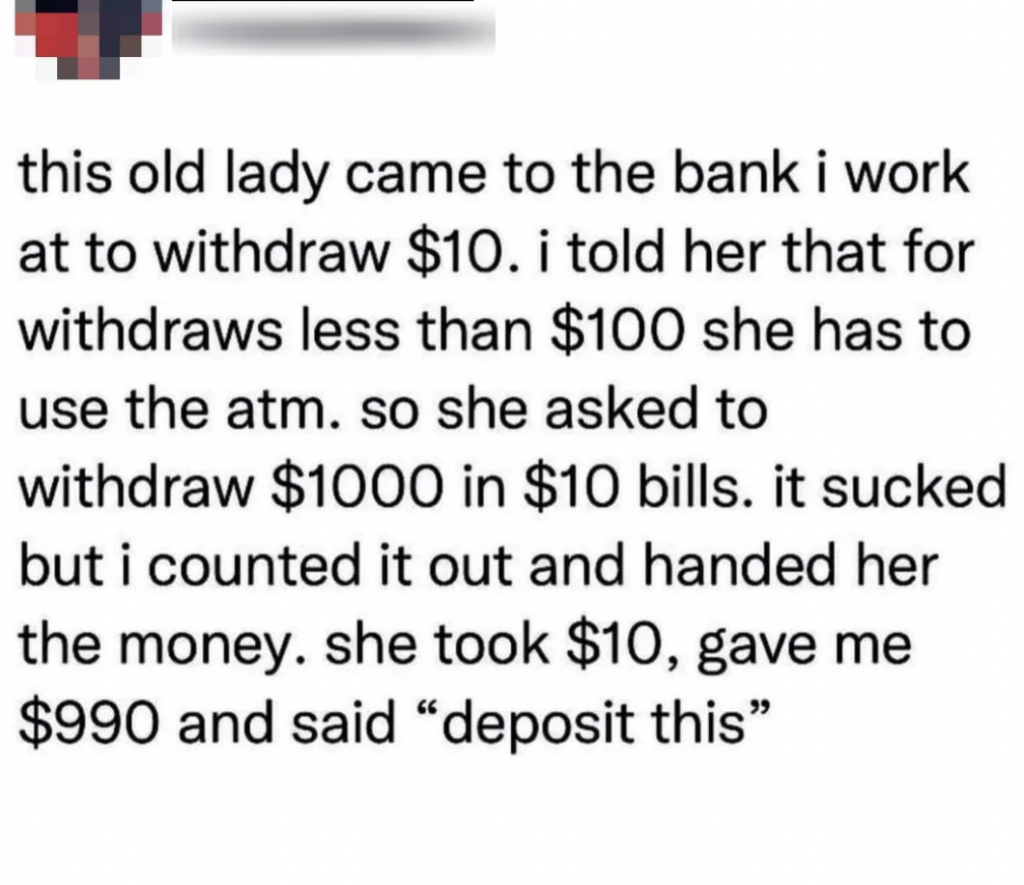 A Twitter screenshot about a clever old lady and her ATM withdrawal process. 