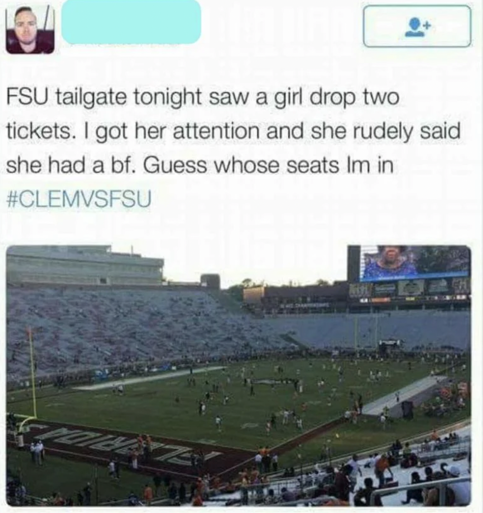An image of a football field from a fan who stole a couple of football tickets. 