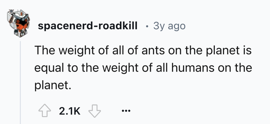 A Reddit post by "spacenerd-roadkill" from 3 years ago reads: "The weight of all of ants on the planet is equal to the weight of all humans on the planet." The post has 2.1K upvotes, with both upvote and downvote arrows visible.