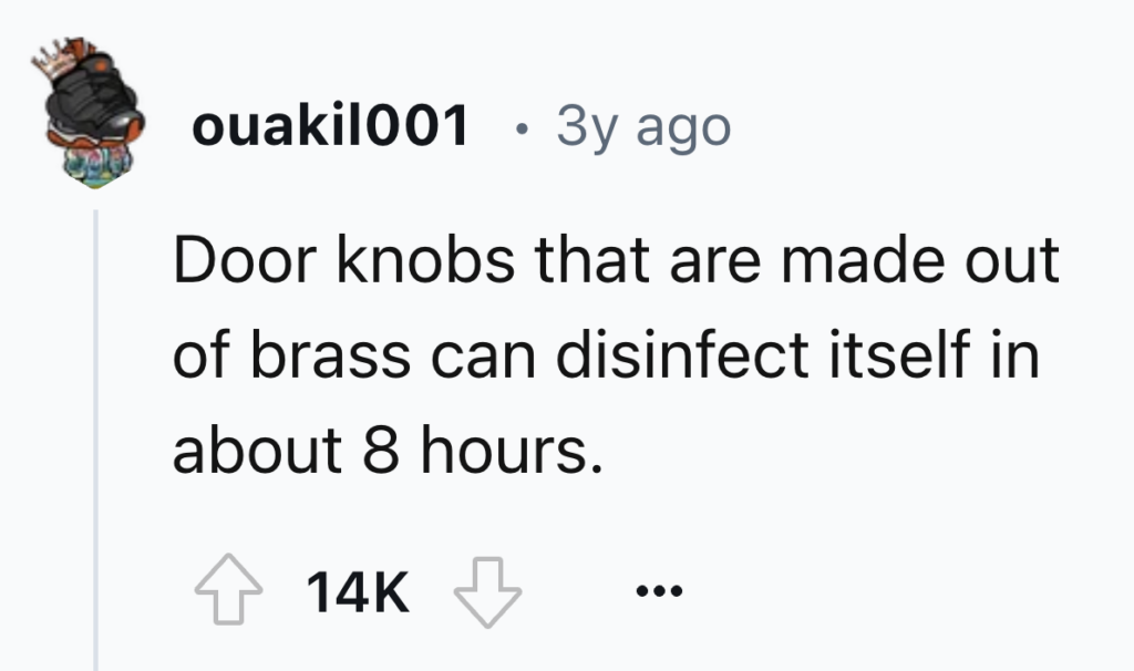 A social media post by user ouakil001 from 3 years ago states: "Door knobs that are made out of brass can disinfect itself in about 8 hours." The post has 14K likes, 1 downvote, and a comment icon indicating more interactions.