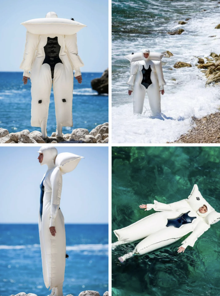 A collage of a person wearing an inflatable white suit resembling fuzzy pajamas or a futuristic spacesuit in various outdoor settings. They stand on rocky terrain by the sea, wade in ocean waves, stand on a beach, and float on the water's surface.