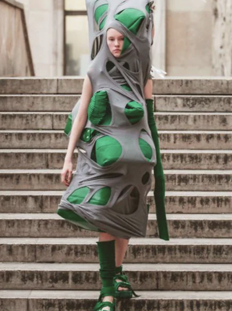 A person walks down concrete stairs wearing a unique outfit resembling a large, grey and green, tree-like structure. The outfit features large cutouts and green accents with matching green shoes, socks, and arm decorations. The background appears to be urban architecture.