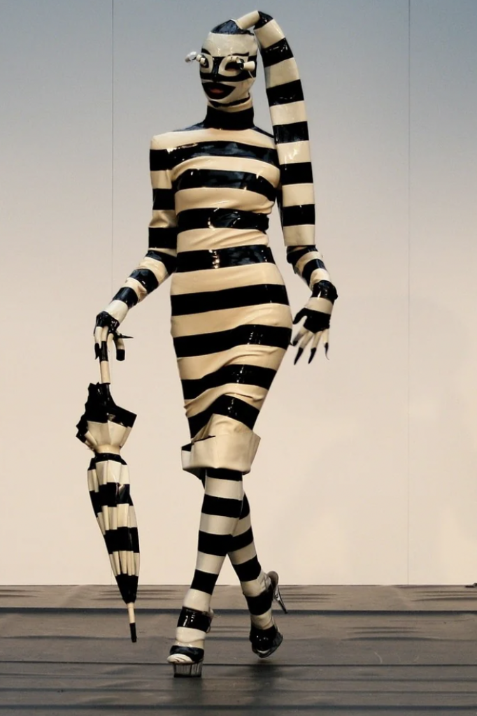 A model struts down the runway wearing a black and white striped, skin-tight outfit with a hood and exaggerated horizontal lines. She carries a matching striped umbrella and wears high platform heels. Her face is partially obscured by the outfit's design.
