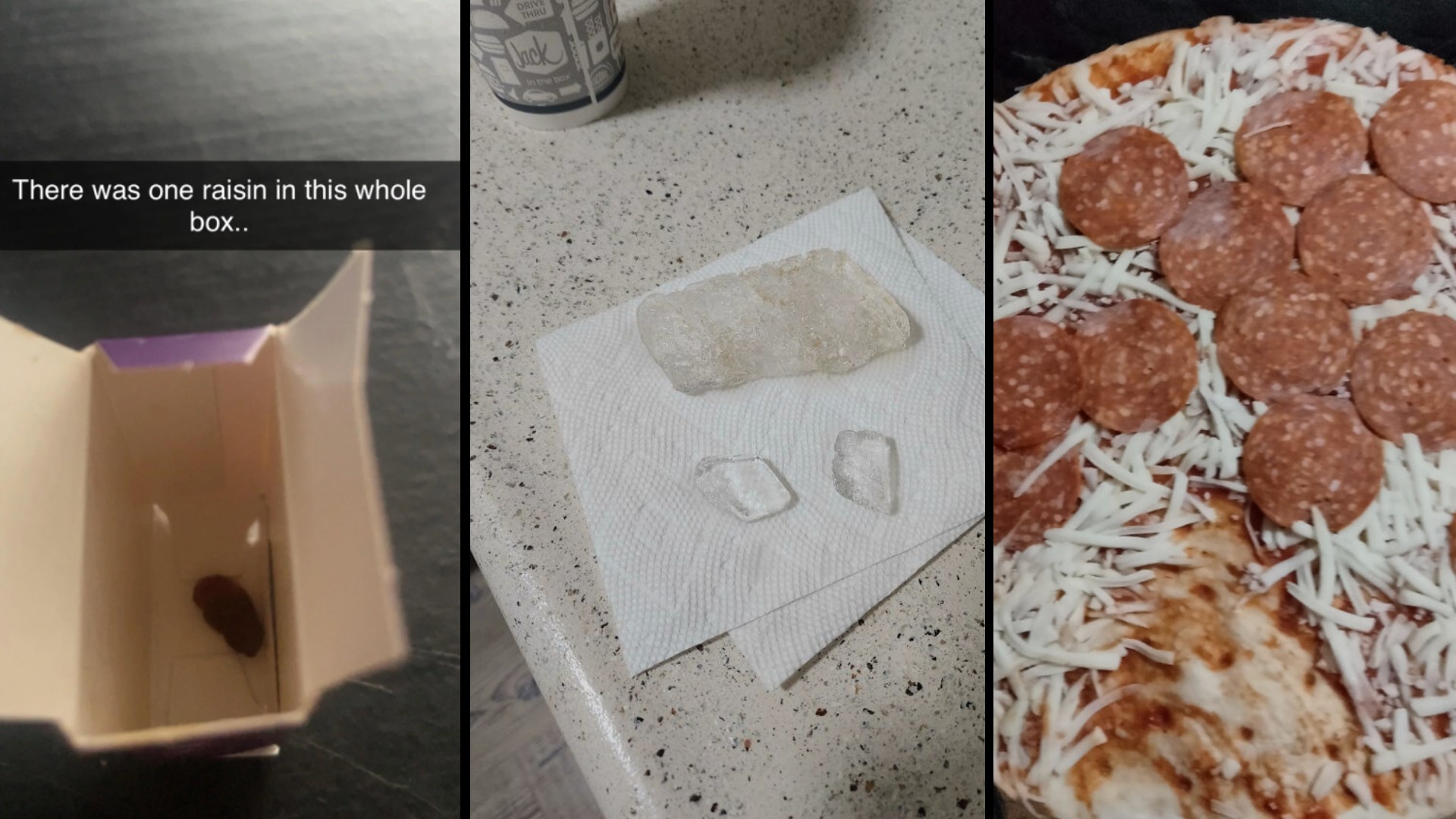 Three images are shown in a collage. The first image shows an empty box with one raisin inside, captioned "There was one raisin in this whole box." The second image displays two ice chunks on a paper towel. The third image features a pizza with melted cheese and raw pepperoni.