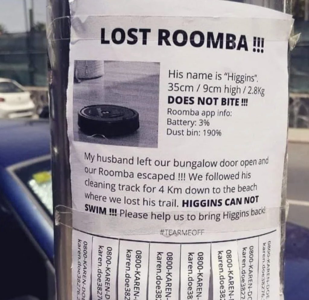 An image of a Lost Roomba sign. 