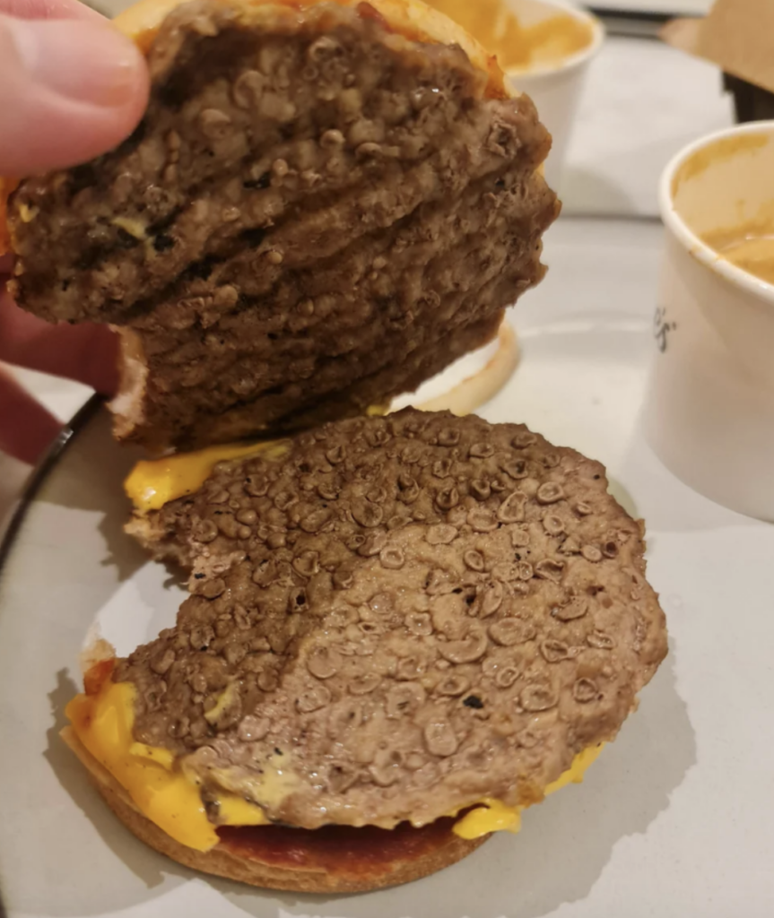 An image of a cheeseburger that has a very strange looking patty. 