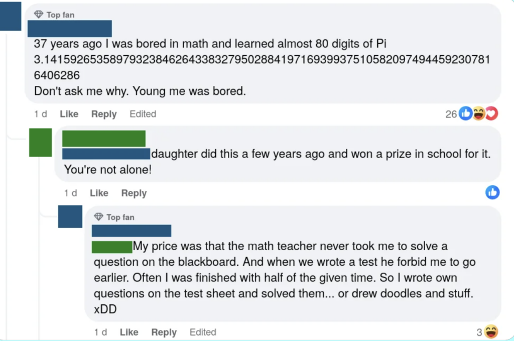 A Facebook conversation where someone shares they memorized 80 digits of Pi at 13. Others comment with related anecdotes. One mentions their child winning a math prize, and another says they never had to solve board questions and completed tests early, drawing doodles instead.