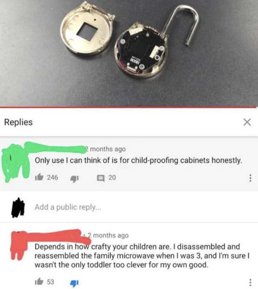A partially disassembled electronic lock with its cover and exposed circuitry is shown. In a comment thread below, a user jokes about using it to child-proof cabinets. Another user replies, mentioning how resourceful children can be, recounting disassembling a microwave at 3 years old.