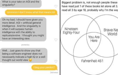 Two images. On the left, a text exchange discussing AGI and books that hint at dystopian futures. On the right, a Venn diagram with "Nineteen Eighty-Four," "Fahrenheit 451," and "You Are Here Now" highlighting how few people read these books and the importance of doing so.