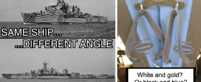 A black and white photo of a ship with striped camouflage shown from two different angles is on the left. On the right, a close-up of a zippered garment asks "White and gold? Or black and blue?