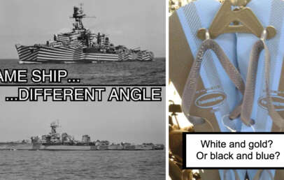 A black and white photo of a ship with striped camouflage shown from two different angles is on the left. On the right, a close-up of a zippered garment asks "White and gold? Or black and blue?