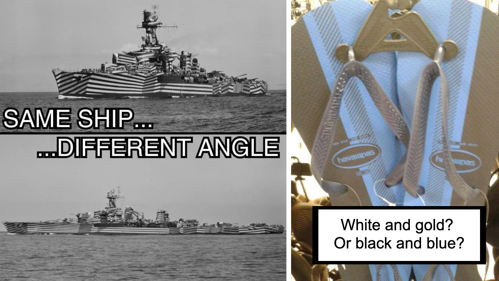 A black and white photo of a ship with striped camouflage shown from two different angles is on the left. On the right, a close-up of a zippered garment asks "White and gold? Or black and blue?