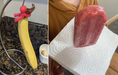 A collage of someone who used a towel to catch popsicle droplets and someone who used a spoon holder for their banana.