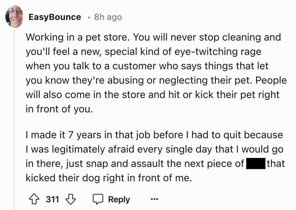 A social media post by EasyBounce discussing the challenges and emotional toll of working in a pet store, including dealing with customers who may be abusing or neglecting their pets. EasyBounce shares their fear of potentially losing control and quitting the job after 7 years.
