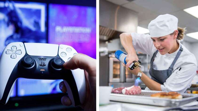 Split image: left side shows a hand holding a PlayStation 5 controller in front of a TV screen displaying a video game; right side shows a chef in a white uniform torching food in a professional kitchen.