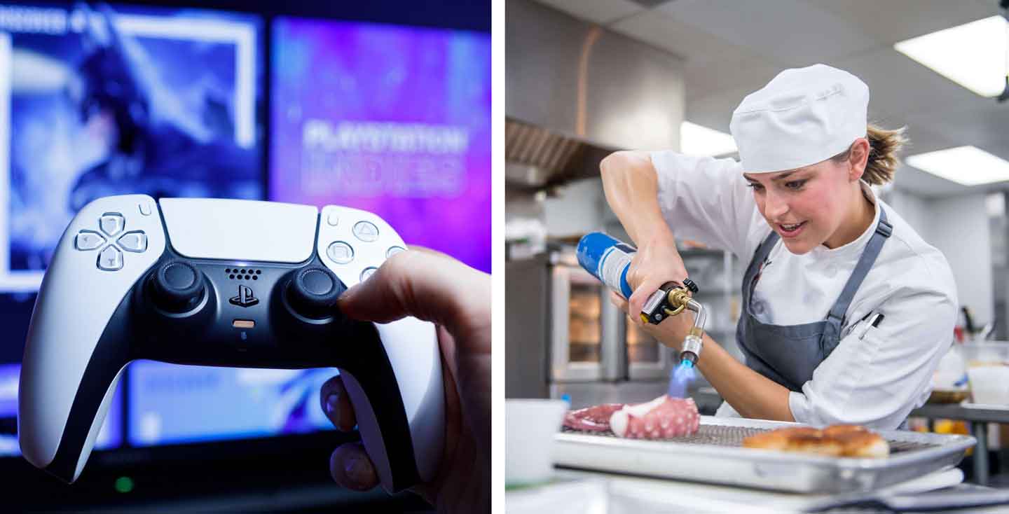 Split image: left side shows a hand holding a PlayStation 5 controller in front of a TV screen displaying a video game; right side shows a chef in a white uniform torching food in a professional kitchen.