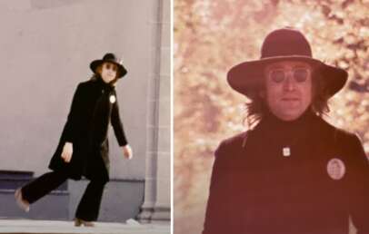 Two images of John Lennon with sunglasses and a hat on placed next to each other.