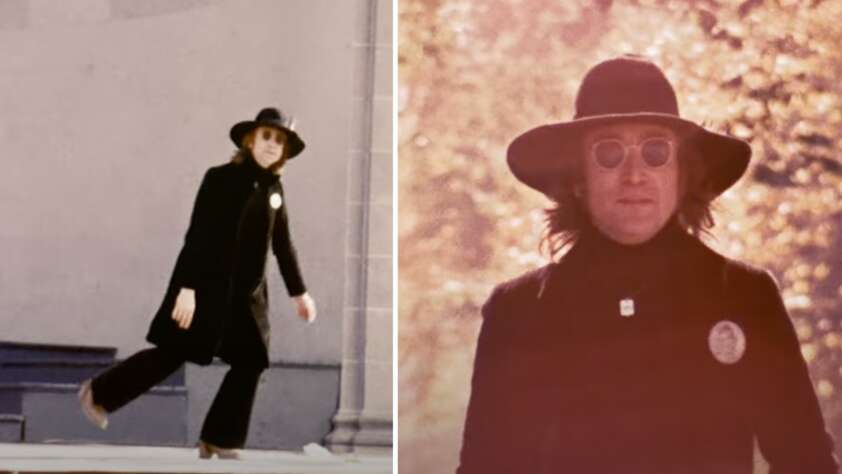 Two images of John Lennon with sunglasses and a hat on placed next to each other.