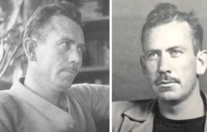 A couple of black and white portrait images of John Steinbeck when he was younger.