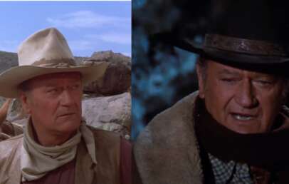 A collage of John Wayne stills from his movies.