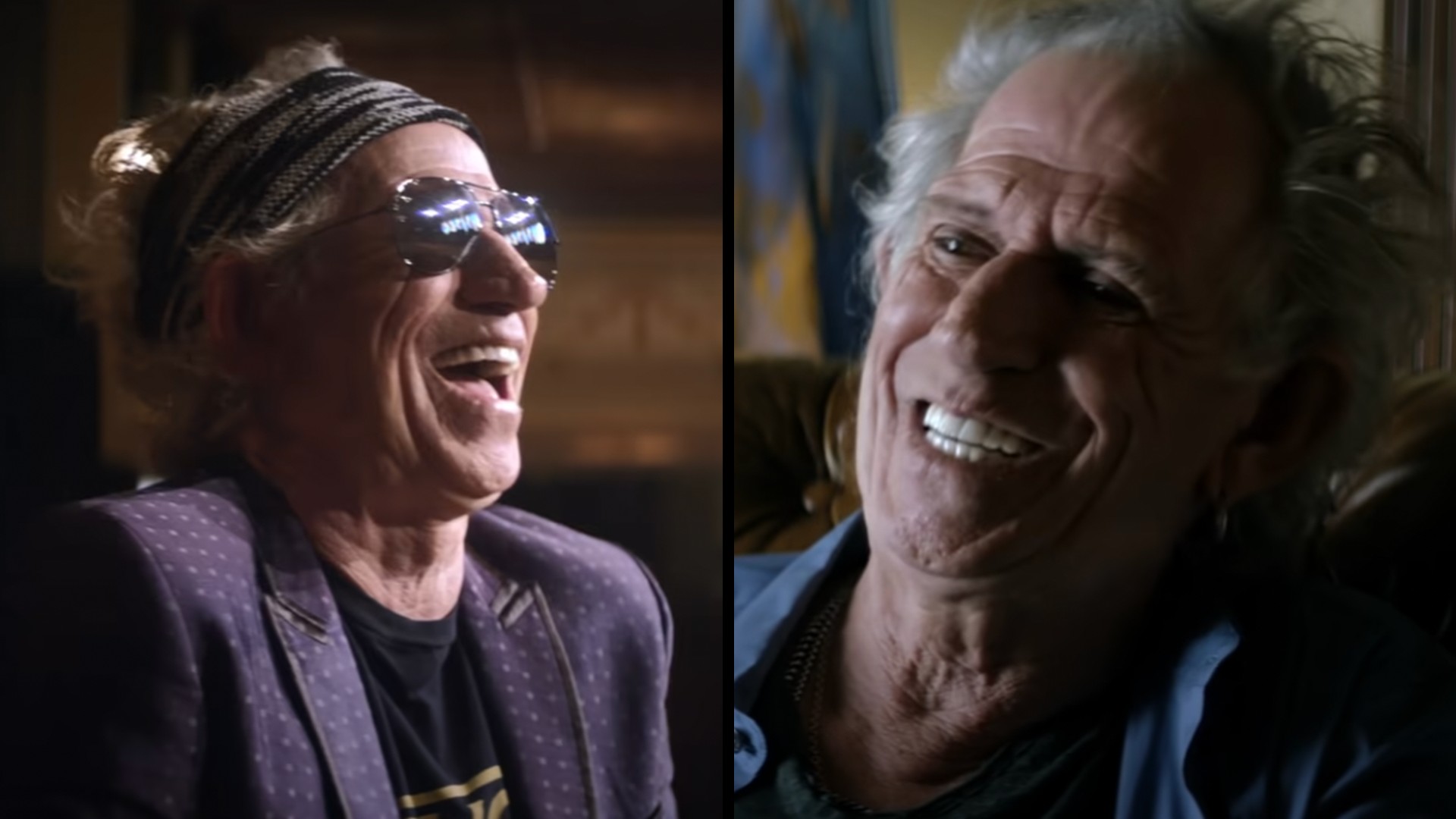 Two side-by-side photos of an older man with gray hair. In both images, he has a joyful expression and is smiling broadly. On the left, he's wearing a headband, sunglasses, and a jacket. On the right, he's wearing a more casual shirt and no accessories.