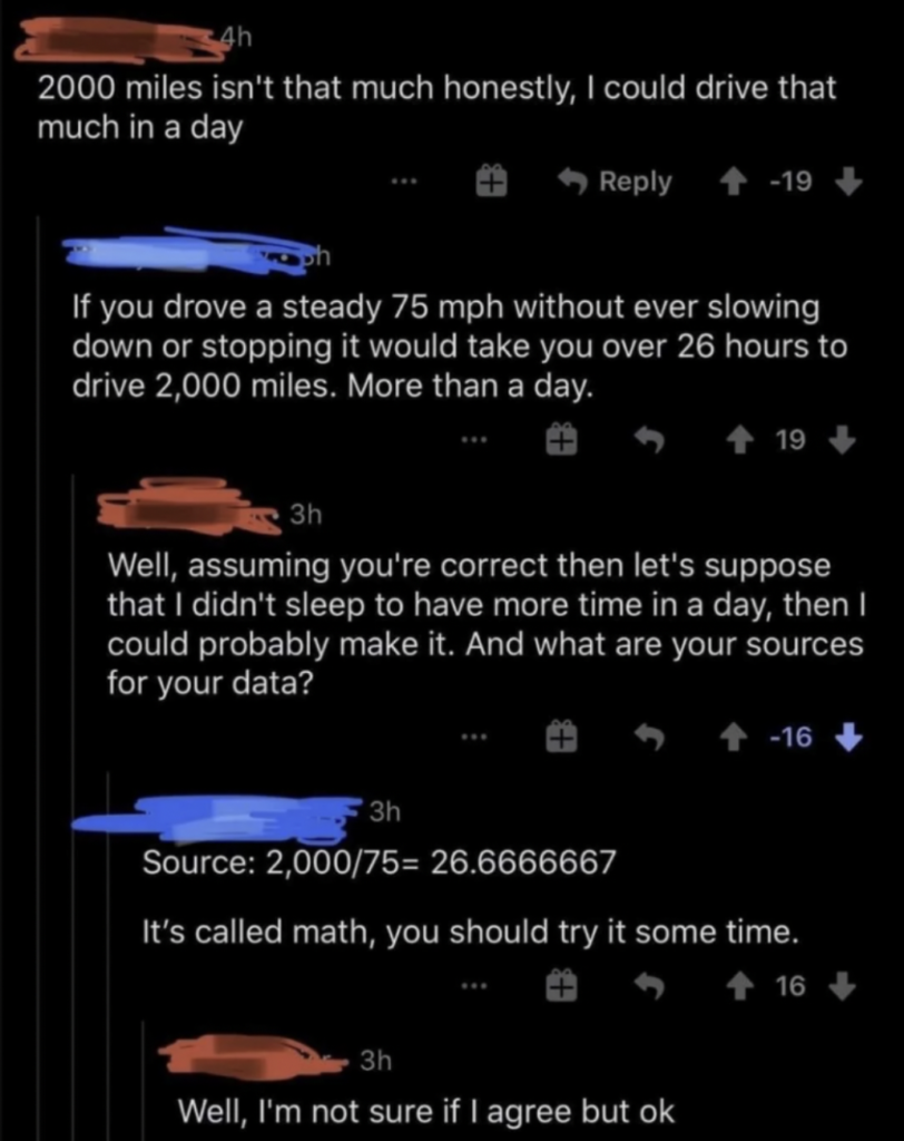 An image of a Reddit argument about how to do math properly. 