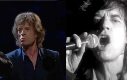 A split-screen image shows a man with long hair performing. On the left, he is captured mid-song wearing a dark shirt and jacket with a serious expression. On the right, he sings passionately into a microphone in a black-and-white close-up.