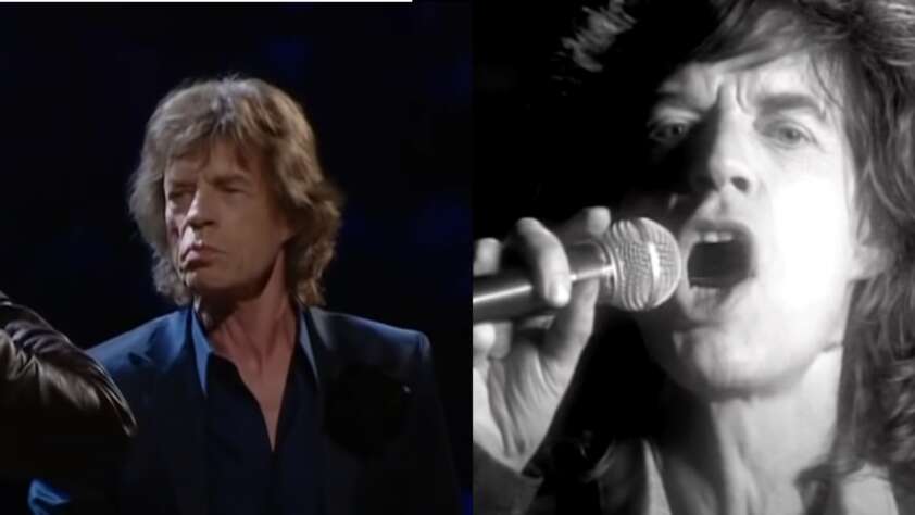 A split-screen image shows a man with long hair performing. On the left, he is captured mid-song wearing a dark shirt and jacket with a serious expression. On the right, he sings passionately into a microphone in a black-and-white close-up.