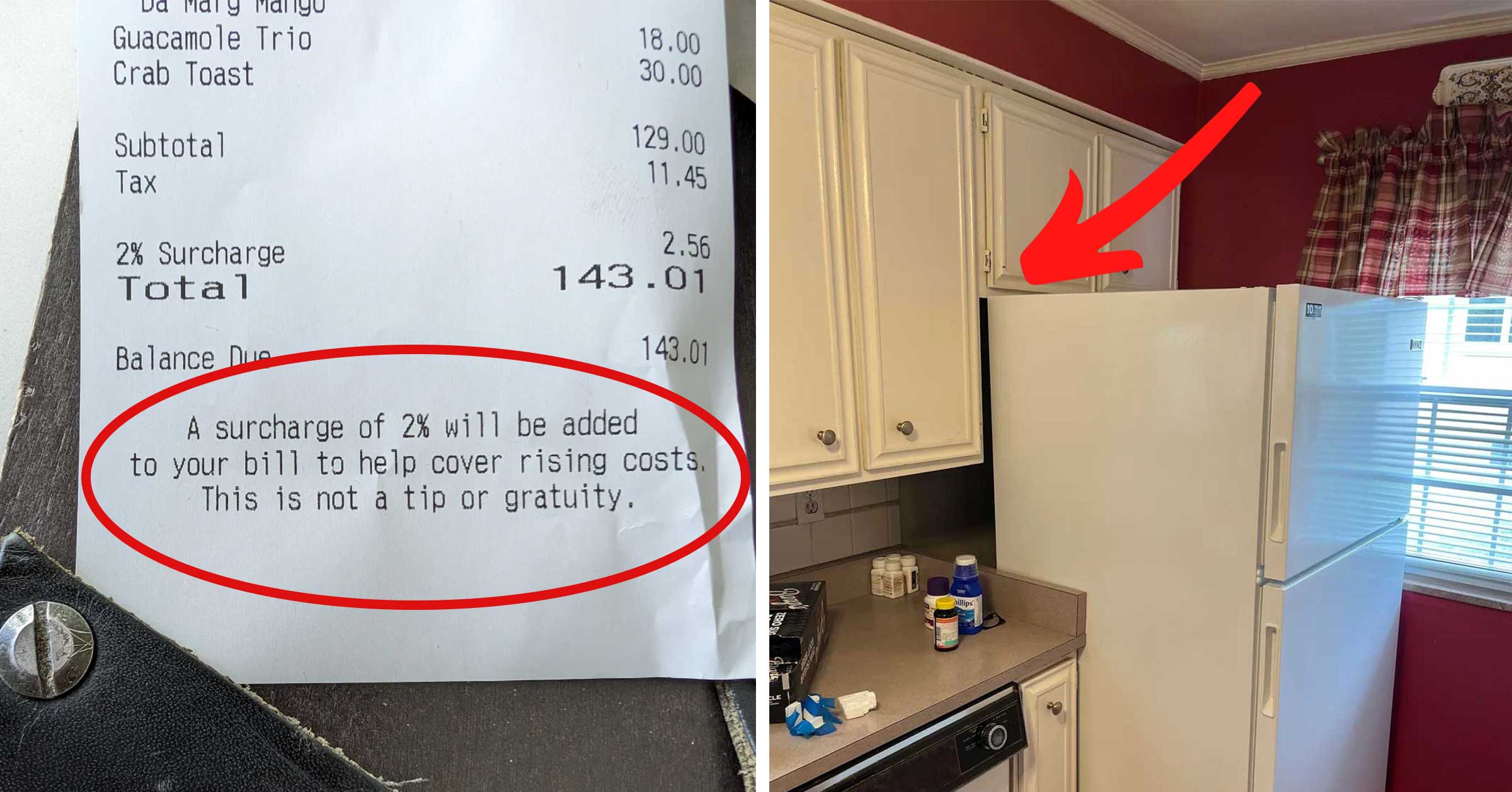 A receipt with a 2 percentage surcharge for inflation and a new refrigerator that won't fit