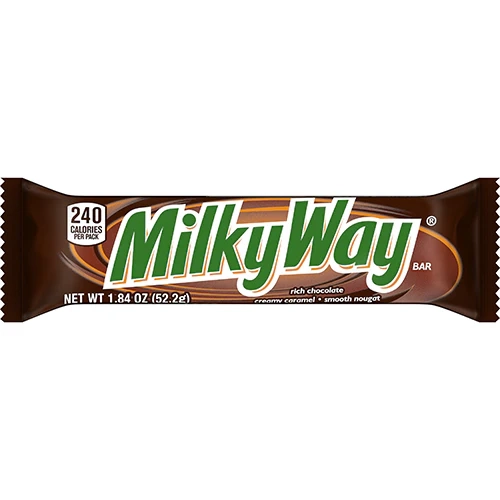 A 1.84 oz (52.2 g) Milky Way candy bar in a brown wrapper, with the name "Milky Way" in green and white letters across the front. The wrapper mentions 240 calories per pack and highlights "rich chocolate," "creamy caramel," and "smooth nougat.