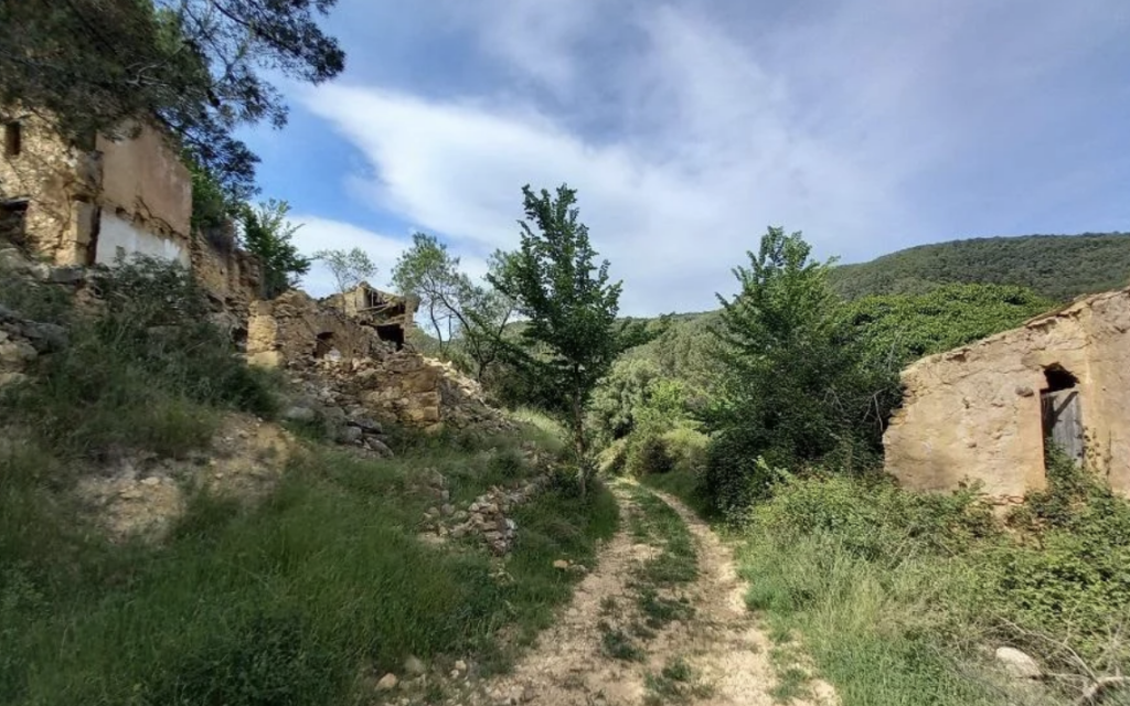 A narrow dirt path winds through an overgrown area with dilapidated stone buildings on either side. Green trees and bushes surround the buildings, and a blue sky with white clouds is visible above the scene.