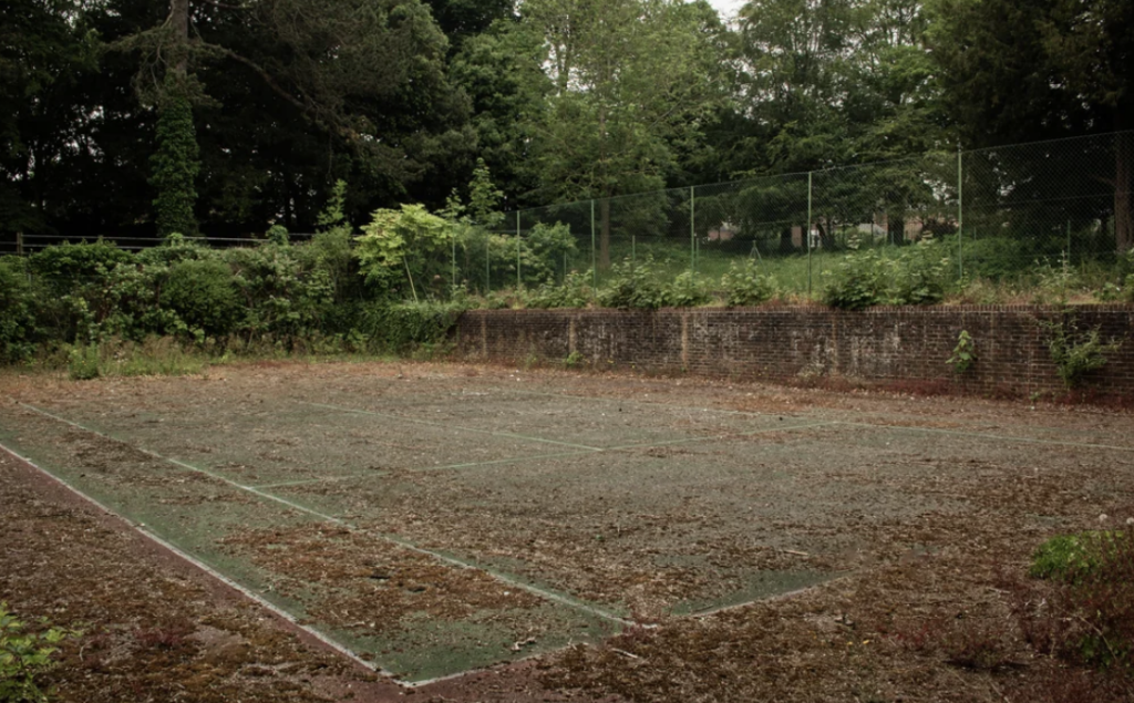 An overgrown, abandoned tennis court with a moss-covered surface and faded lines. Tall, dense trees and vegetation surround the court, and a dilapidated fence runs along its perimeter. The scene appears neglected and reclaimed by nature.