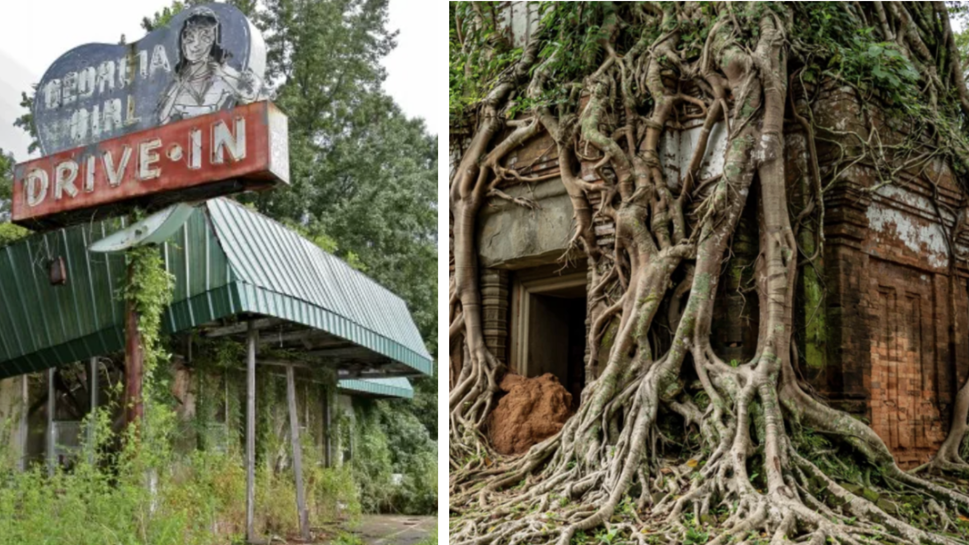 The image is split into two. The left side shows an abandoned, overgrown drive-in theater with a rusted sign reading "Midway Drive-In." The right side features an ancient building enveloped by large, twisting tree roots, creating a surreal blend of nature and architecture.