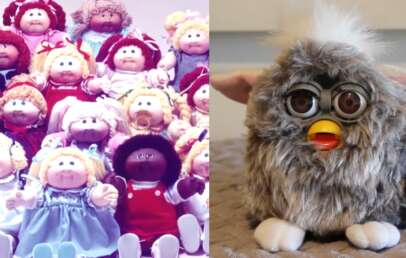 An image of numerous Cabbage Patch Kids next to an image of an older Furby toy.