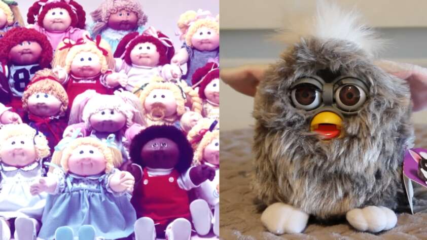 An image of numerous Cabbage Patch Kids next to an image of an older Furby toy.