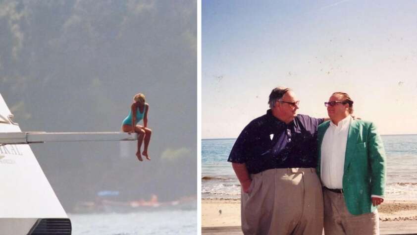 An image of Chris Farley and his dad next to an image of Princess Diana on a diving board.