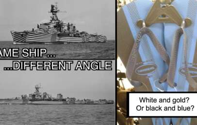 Two black and white images of the same ship with a striped camouflage pattern are on the left. On the right, a photograph of an adjustable strap with an attached text box asks, "White and gold? Or black and blue?" The text on the left reads "Same ship... Different angle.